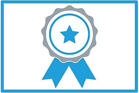 Icon: Auszeichnung, man sieht die Grafik eines Abzeichens mit blauem Stern. 