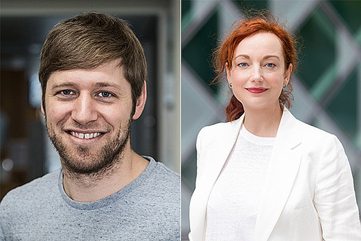 Collage aus zwei Porträts: Rechts Dr. Simon Gräber (dunkelblonde Haare, Bart, graues Shirt), rechts Dr. Saskia Trump, rote gelockte Haare, weißes Shirt und weißer Blazer.