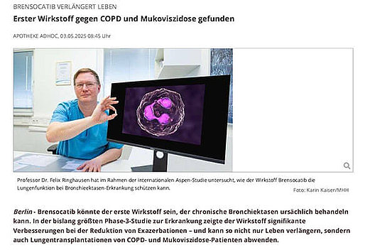 Screenshot der Internetseite von Apotheke AdHoc vom 3. Mai 2025 mit der Überschrift: "Erster Wirkstoff gegen COPD und Mukoviszidose gefunden"