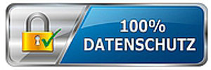 Banner mit einem Schloss und einem grünen Haken. Darauf steht 100% Datenschutz.