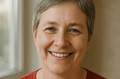 Portraitfoto einer Frau mittleren Alters mit rotem T-Shirt