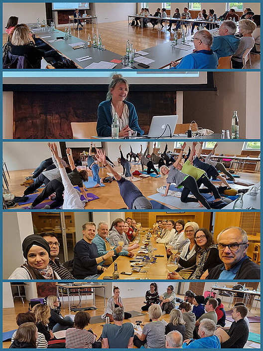 Colage mit Impressionen von einem Seminar, man sieht eine Gruppe von Menschen, die Vorträgen zuhört. 