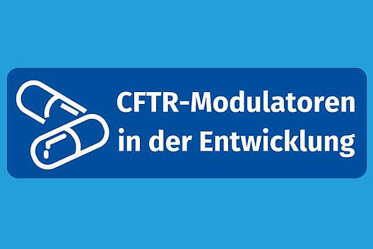 Blaues Rechteck mit dem Text "CFTR-Modulatoren in der Entwicklung" 