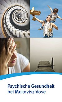 Collage aus vier Bildern: eine lange Wendeltreppe, ein Vater mit seinem Sohn auf der Schulter, die mit einem Modellflugzeug spielen, eine Frau, die sich an die Stirn fasst und ein Steg auf einem See im Nebel. Dazu der Text: "Psychische Gesundheit bei Mukoviszidose". 