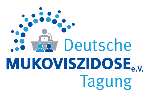 Grafik: Rednerpult und Punkte in Hell- und Dunkelblau, dazu die Schrift "Deutsche Mukoviszidose Tagung"