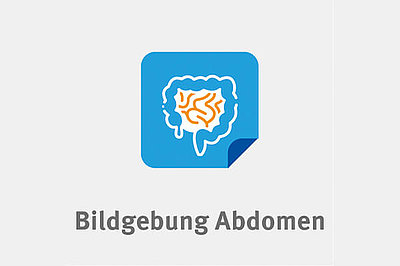 Gezeichneter Darm, darum ein blauer Kasten. Dazu stehen da die Worte "Bildgebung Abdomen".