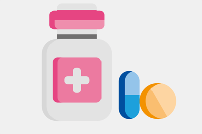 Stilisierte Medikamentendose mit zwei stilisierten Tabletten, eine davon in Kapselform