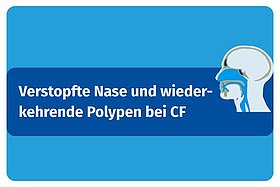 Bild mit blauem Hintergrund, darauf die Schrift "Verstopfte Nase und wiederkehrende Polypen bei CF" und eine kleine Grafik eines Kopfes im Querschnitt. 