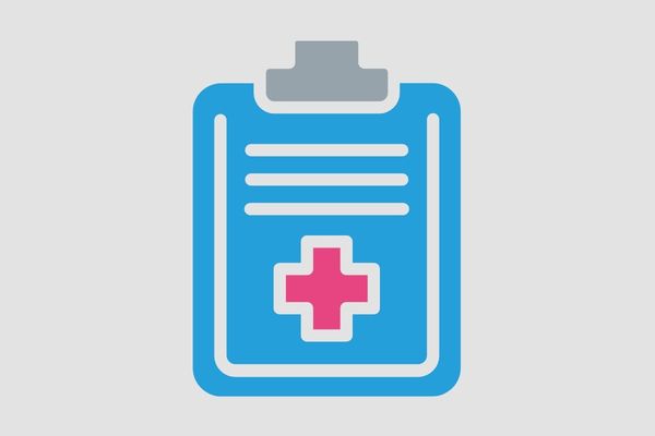 Icon Grundlagen: Grafische Darstellung eines Schreibblocks mit einem medizinischen Kreuz