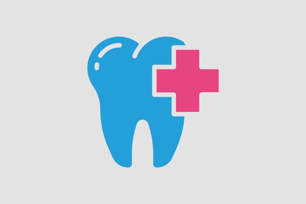 Icon Zahngesundheit: Grafische Darstellung eines Zahns in Blau und ein Kreuz in Pink. 
