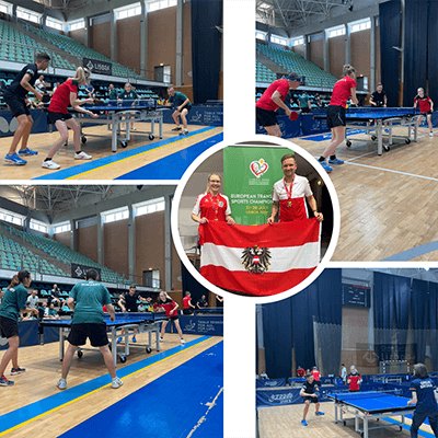 Collage mit Schnappschüssen von den Tischtenniswettkämpfen bei den Spielen für Transplantierte in Lissabon 2024