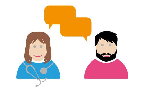 Stilisiertes Arztgespräch Stilisiertes Arztgespräch: Eine Ärztin und ein Patient (beide gezeichnet) unterhalten sich - man sieht Sprechblasen ohne Text.