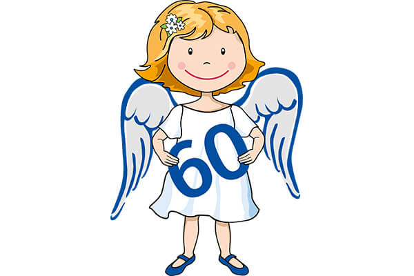 Hope gratuliert dem Mukoviszidose e.V. zum 60. Geburtstag Gezeichnete Figur eines Schutzengels mit blauen Flügeln, die dem Logo des Mukoviszidose e.V. ähneln. Der Engel hält eine große 60 in den Händen.
