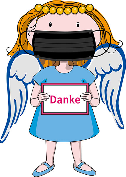 Hope, der Schutzengel für Menschen mit Mukoviszidose, trägt Maske. Hope, der Schutzengel für Menschen mit Mukoviszidose, trägt Maske.