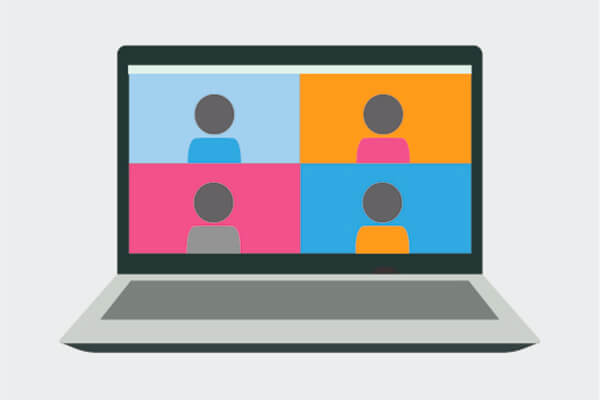 Icon Videokonferenz (gezeichneter Bildschirm mit vier Videokonferenzteilnehmern) - der Mukoviszidose e.V. bietet zahlreiche Online-Veranstaltungen an
